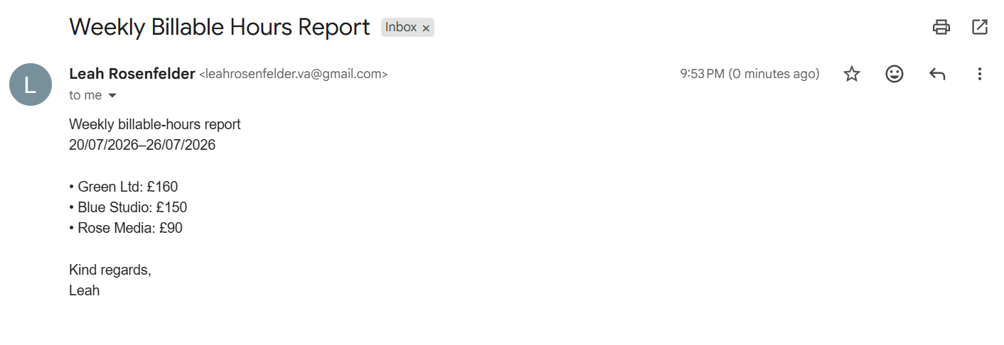 Automated weekly billable hours email