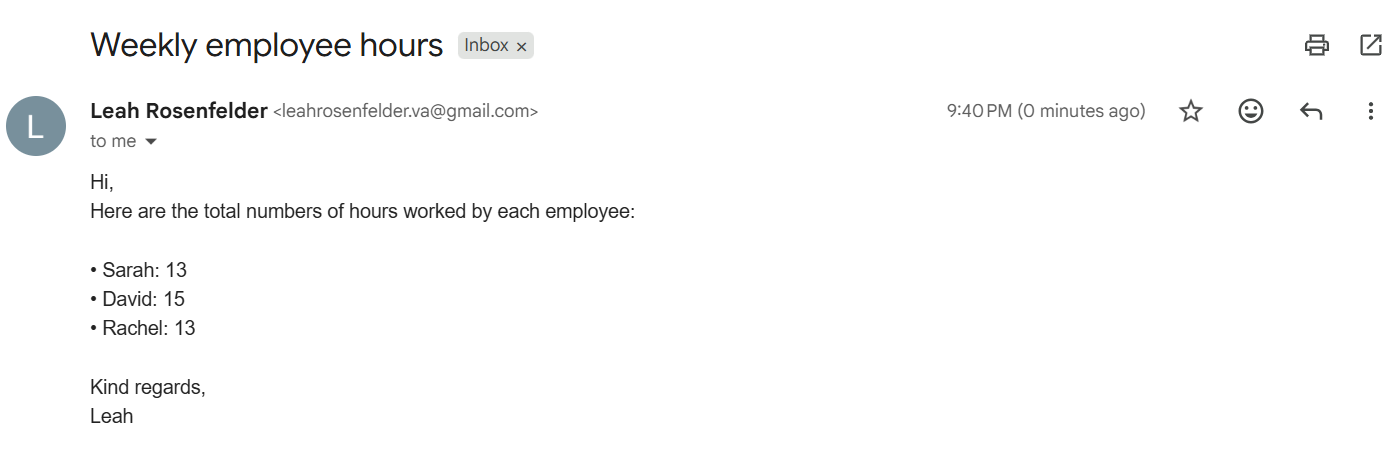 Weekly employee hours email result