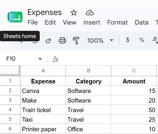 Expense spreadsheet