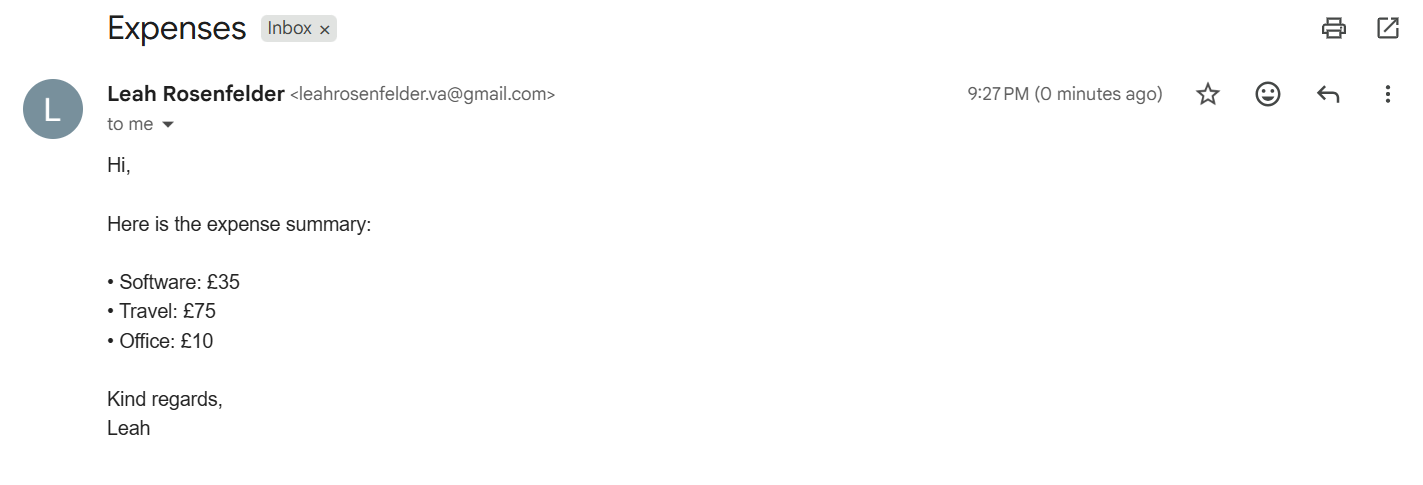 Expense summary email result