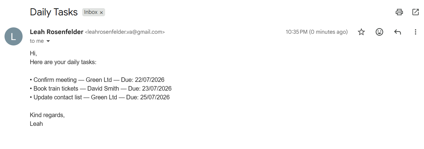 Daily tasks email result