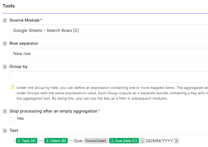 Task Text Aggregator settings